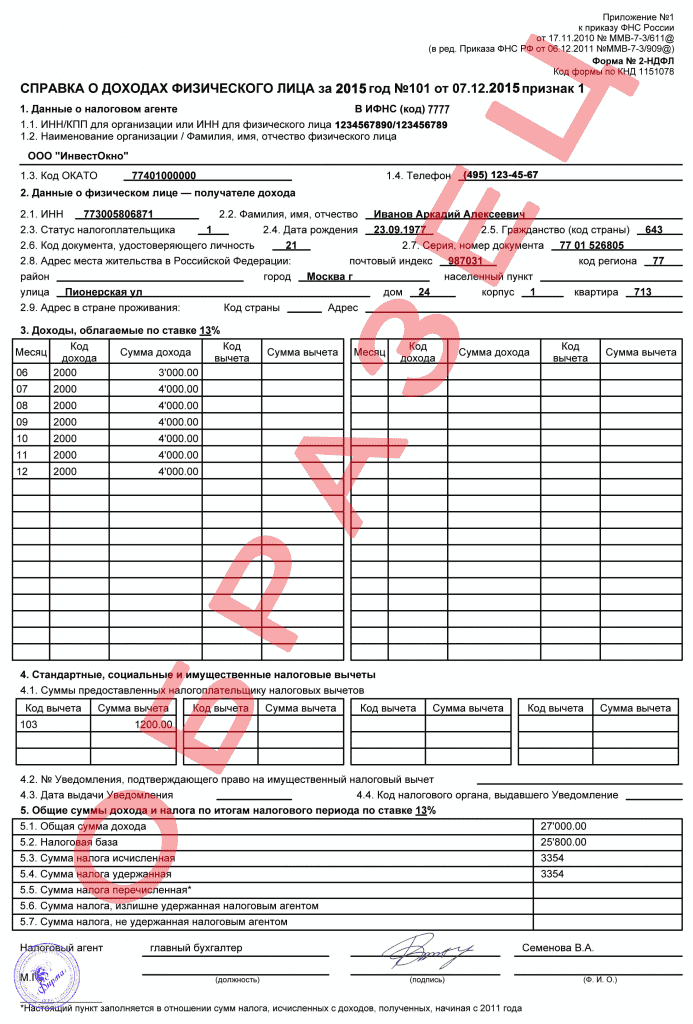 Как заполнить справку 2 НДФЛ - образец