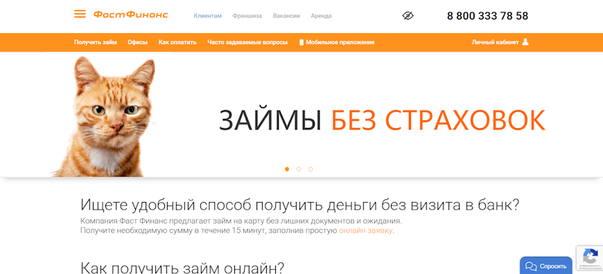 Главная страница сайта Фаст Финанс с изображением кота и слоганом Займы без страховок