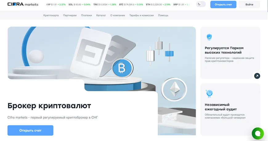 Скриншот c сайт криптоброкера Cifra Markets