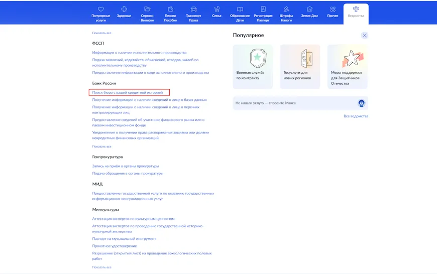 Услуга по поиску бюро кредитных историй на Госуслугах
