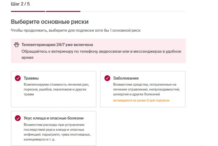 Выбор рисков при оформлении страховки животного в Росгосстрахе (скриншот с rgs.ru)