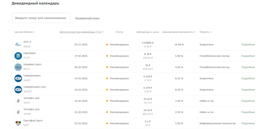 Дивидендный календарь на сайте СберБанка