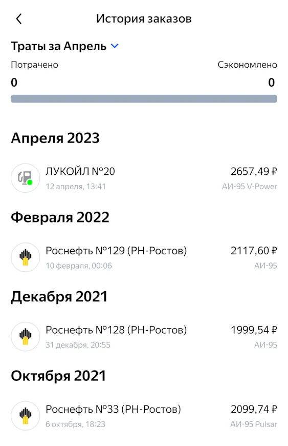 История заказов в сервисе Яндекс Заправки
