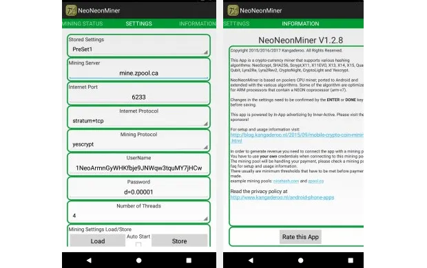 Мобильный майнер NeoNeonMiner 1.2.8