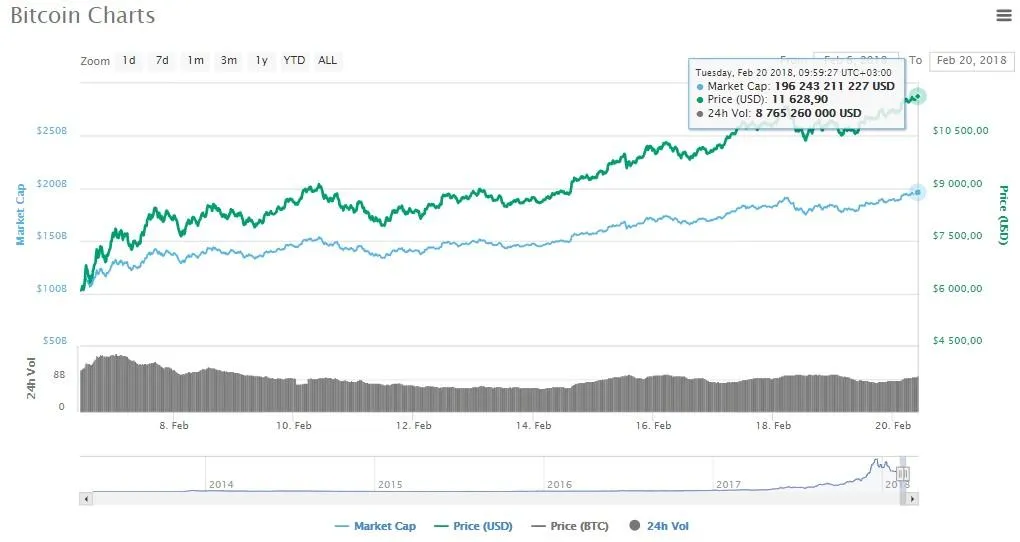 Биткоин за 14 дней вырос почти в два раза