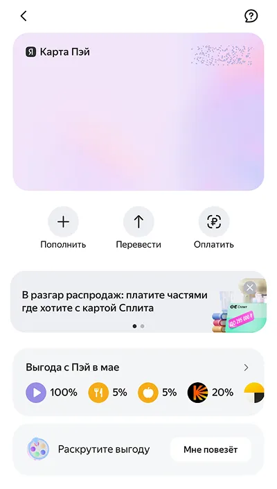 Карта Яндекс Пэй в приложении