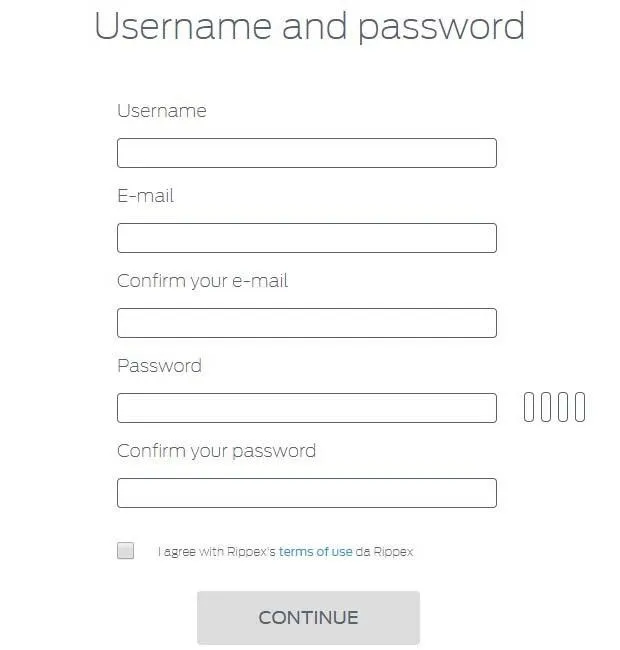 Форма регистрации кошелька Rippex
