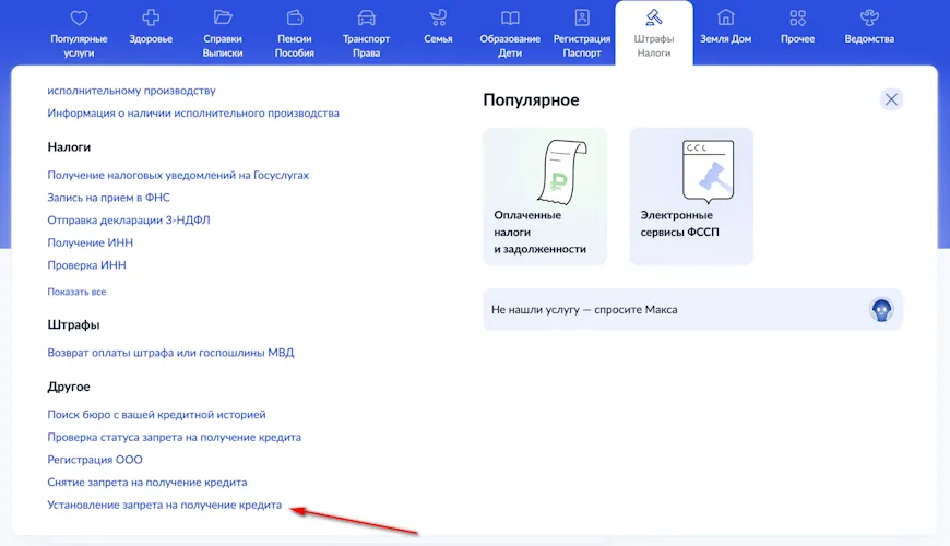 Установление самозапрета на кредиты через Госуслуги, скриншот Bankiros.ru