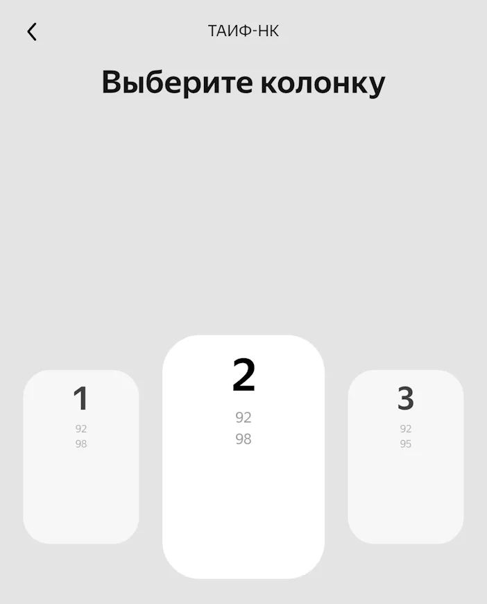 Выбор колонки и вида топлива в Яндекс Заправках